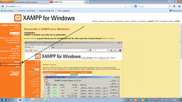 Como instalar wordpress en xampp. Acceder a phpmyadmin