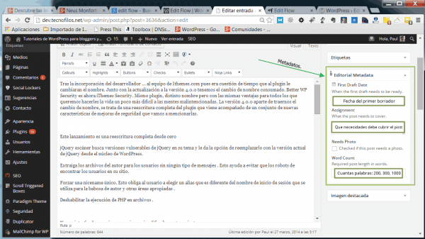 El widget editorial con los metadatos de Edit flow