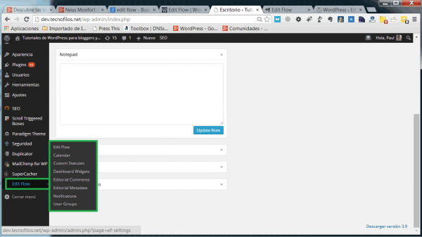 Calendario editorial WordPress con el plugin Edit flow. Menu con accesos directos a las opciones.