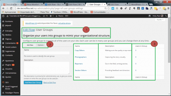 La configuración de los grupos de usuarios en el plugin Edit flow