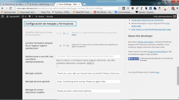 MailChimp for WordPress. Configuración de mensajes y formularios