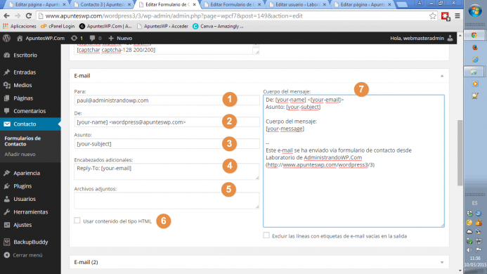 Configuración en contact form 7 de la plantilla de correo electrónico que recibirás en tu cuenta de email cuando tus lectores completen un fomulario