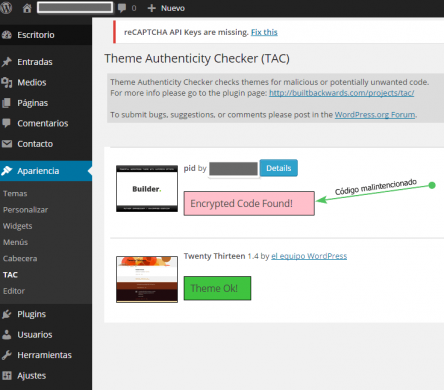 El plugin Theme Authenticity Checker detecte archivos infectados en el tema de WordPress