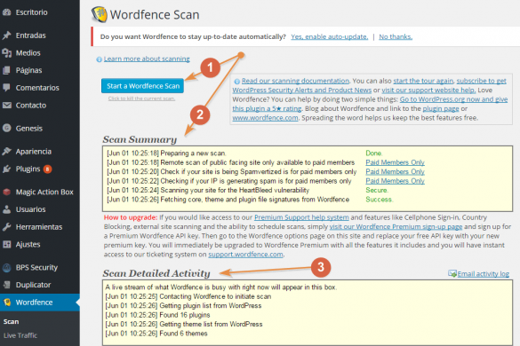 Escaneo con Wordfence para analizar los archivos de tu instalación de WordPress