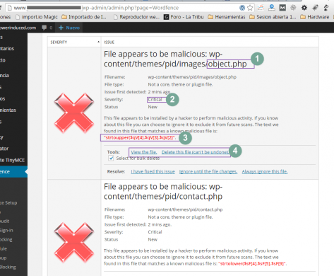 Archivos detectados por Wordfence como archivos maliciosos