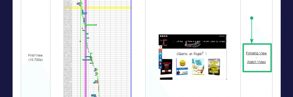 Detalle de la cascada de webpagetest junto con los accesos directos a la vista de vídeo