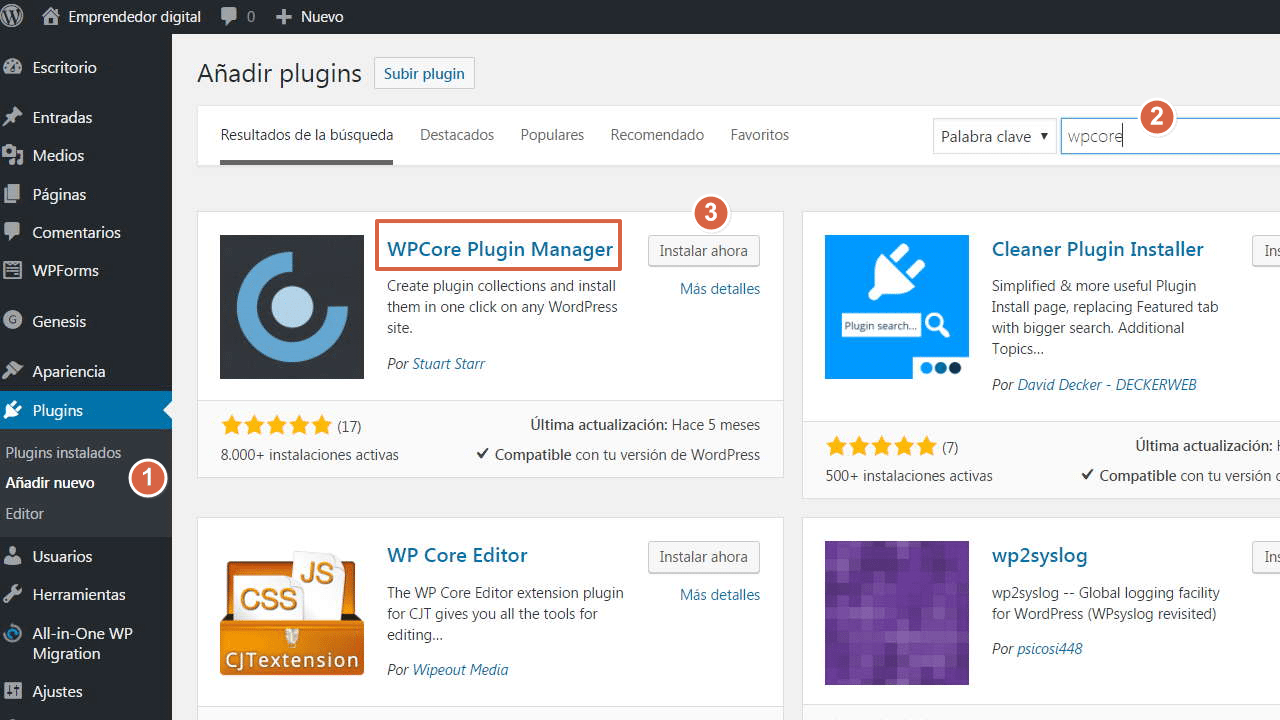 Pasos para instalar el plugin WPCore Plugin Mananger