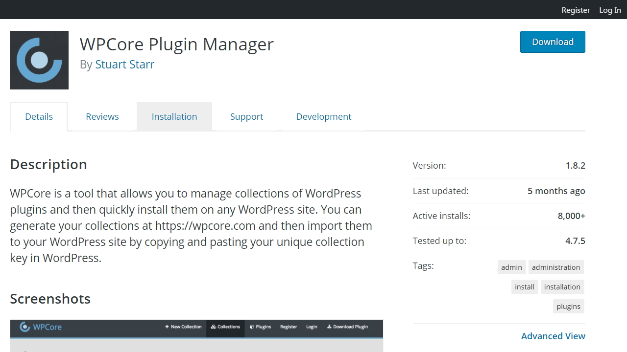 Portada del repositorio de wordpress.org del plugin WPCore Plugin Manager
