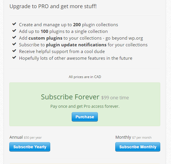 Precios de la suscripción anual y mensual a wpcore.com