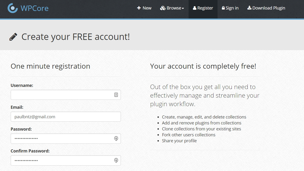 crea una cuenta gratuita en wpcore.com