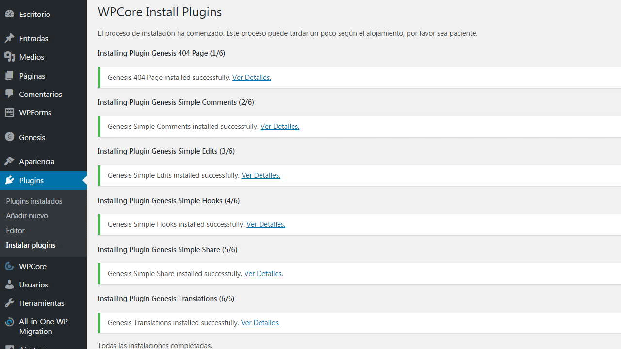 Resultado de la instalación de los plugins desde una colección de wpcore.com