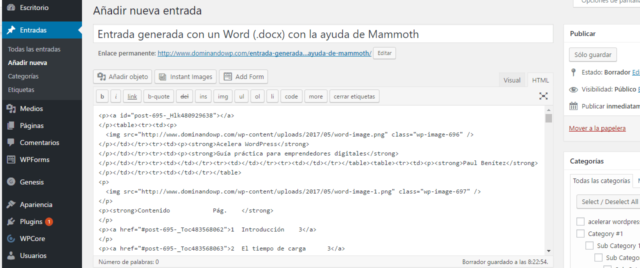 Resultado en el editor html tras importarlo un archivo con mammoth docx converter
