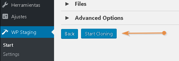 Botón Start Cloningde WP Staging