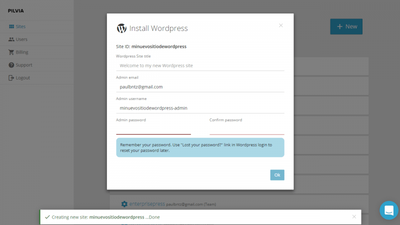 Escribe la contraseña del usuario administrador de tu WordPress