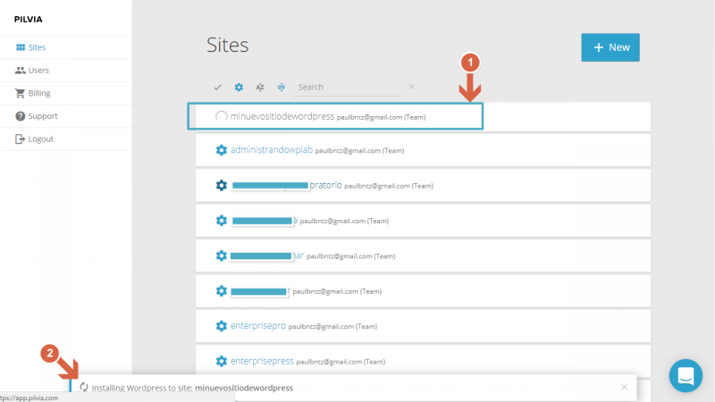 Progreso de la operación de instalación de WordPress en pilvia