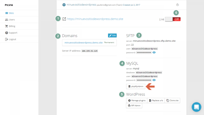 Información de tu instalación de pruebas y botonera de administración de WordPress