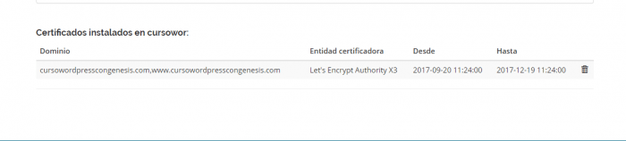 Detalles del certificado de let´s encrypt instalado