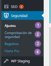 El acceso directo a la opción de ajustes en el menu de iThemes Security