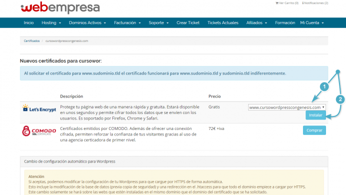 Instalar el certificado asociado al dominio en Webempresa