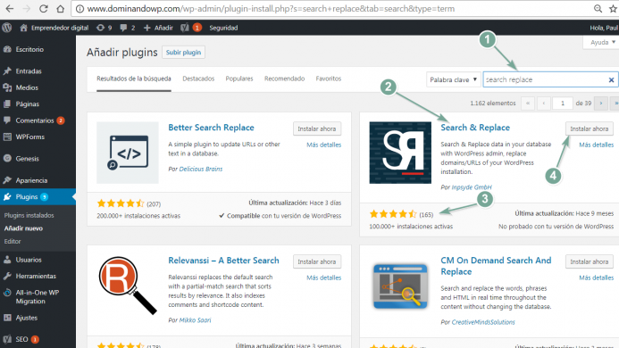 Instalar el plugin Search & Replace.