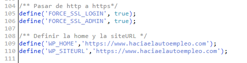 Líneas de código a añadir al archivo wp-config.php para forzar a WordPress a funcionar bajo https en www.haciaelautoempleo.com
