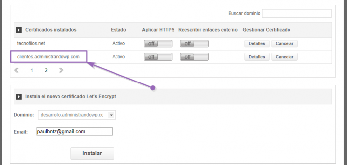 Lista de certificados instalados en SiteGround