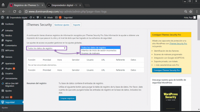 Los tipos de registro de iThemes Security