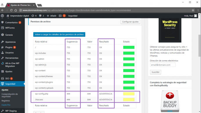 Los permisos de archivo en iThemes Security