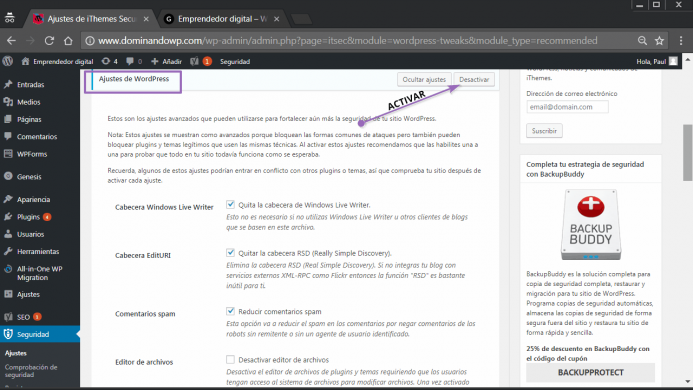 Los ajustes de WordPress en iThemes Security