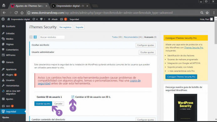 El usuario administrador en iThemes Security