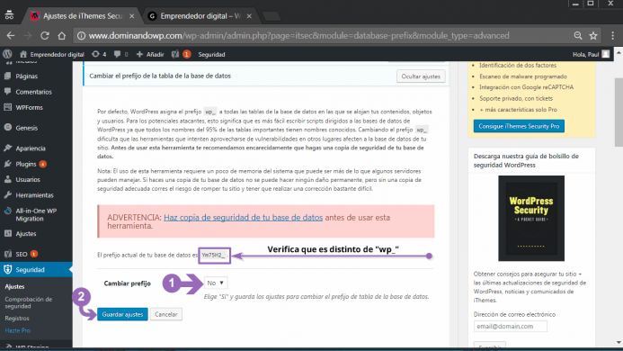 Cambiar el prefijo de la tabla de la base de datos en iThemes Security