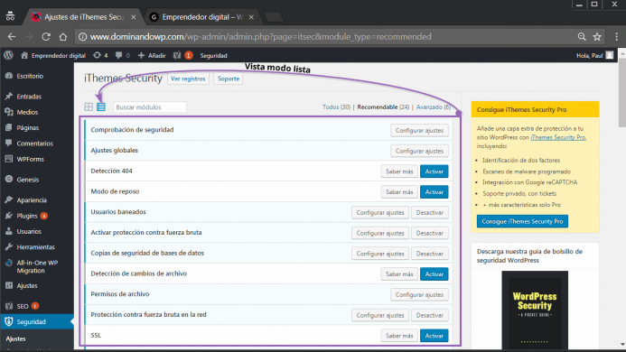 El modo lista de opciones de configuración de iThemes Security