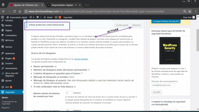 Activar la protección de fuerza bruta de IThemes Security
