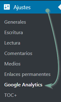 Acceso directo a las opciones de configuración del plugin GA Google Analytics en el menú ajustes de WordPress.