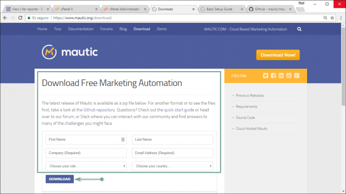 Completa los datos del formulario para poder descargarte el archivo de instalación de Mautic