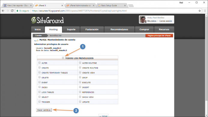 Configura al usuario del punto 2 como administrador de la base de datos del punto 1. Paso 2.