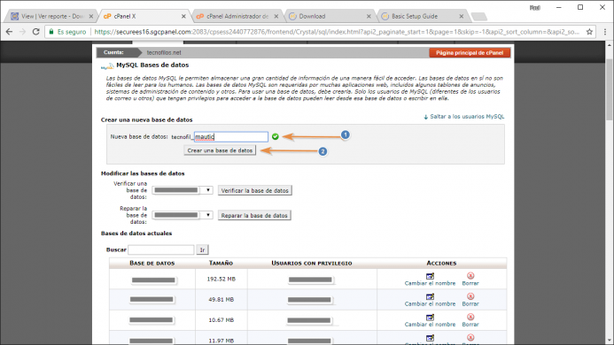 Creación de la base de datos desde el panel de control