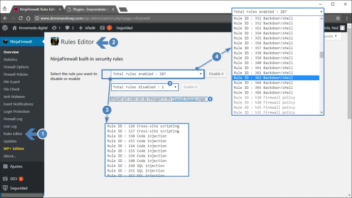 El editor de reglas de NinjaFirewall