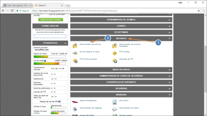 El menu de archivos en tu cpanel