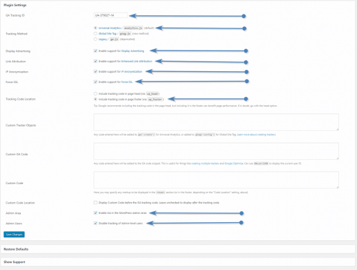 Opciones de configuración de ga google analytics