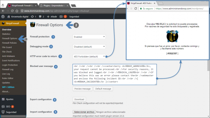 Menú de acceso a las opciones de configuración: NinjaFirewall Options.