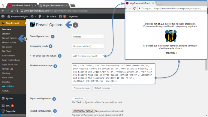 Menú de acceso a las opciones de configuración: NinjaFirewall Options. 