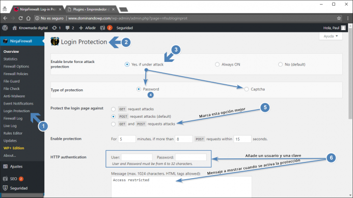 Ninjafirewall Login Protection. Opciones de configuración para proteger el login de WordPress.