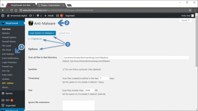 Opciones de configuración de Anti-Malware de NinjaFirewall.