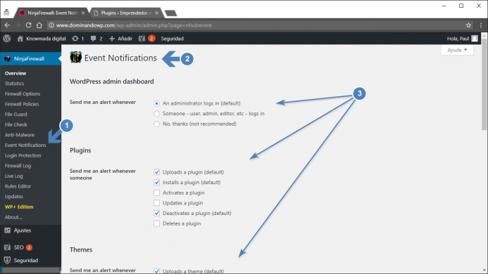 Opciones de configuración de "Events notifications" de NinjaFirewall. La notificación de eventos.