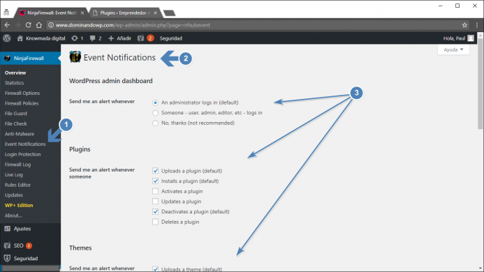 Opciones de configuración de "Events notifications" de NinjaFirewall. La notificación de eventos. 