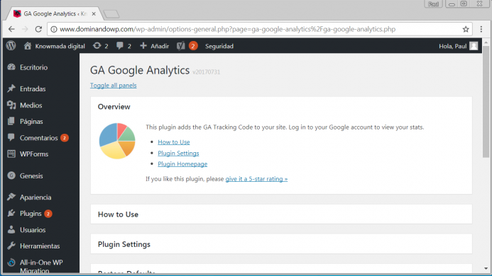 Página de opciones de configuración del plugin GA Google Analytics