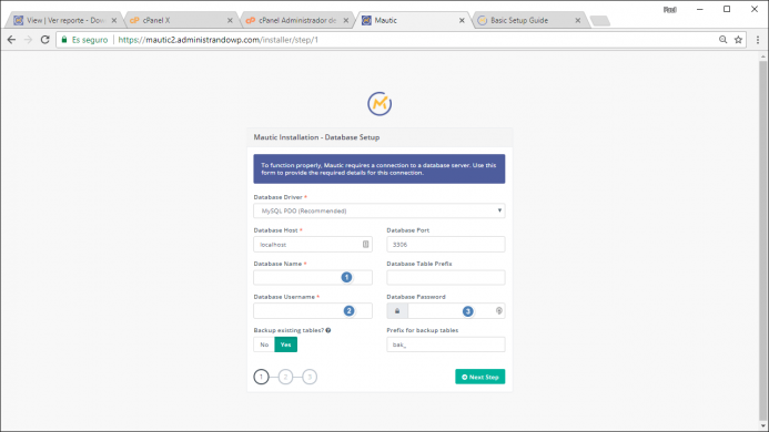 Paso 2 de la instalación de Mautic. Configura la conexión a la base de datos.