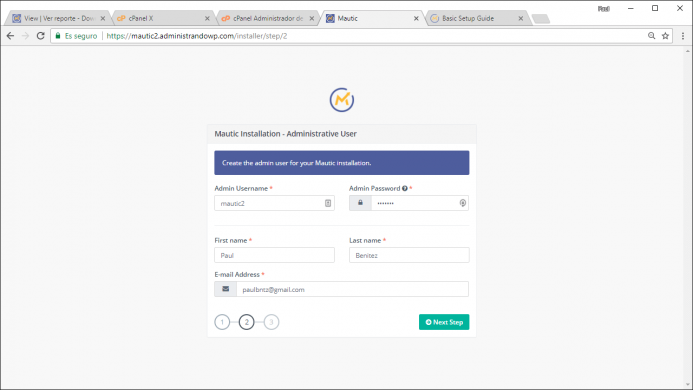 Paso 3 de la instalación de Mautic. Define el usuario administrador para logarte en Mautic.
