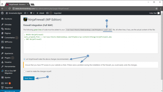 Se va crear el archivo .user.ini para activar el modo Full WAF de NinjaFirewall